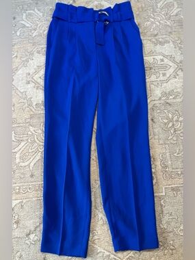 Express Royal Blue Paperbag Waist Dress Pants with Belt Detail